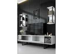 Armário de TV Dfantin, Aparador de sala, Armário de TV baixo, Base de parede equipada, 180x30h48 cm, Preto e branco