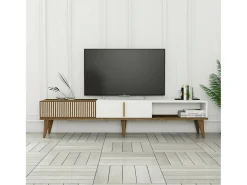 Armário de TV Dfirican, Aparador de sala, Armário de TV baixo, Base de parede equipada, 180x35h40 cm, Nogueira e Branco
