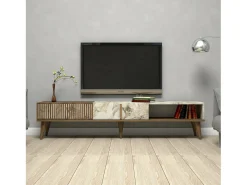 Armário de TV Dfirican, Aparador de sala, Armário de TV baixo, Base de parede equipada, 180x35h40 cm, Nogueira e Branco