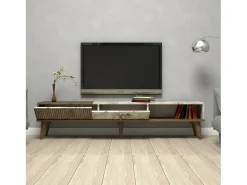 Armário de TV Dfirican, Aparador de sala, Armário de TV baixo, Base de parede equipada, 180x35h40 cm, Nogueira e Branco