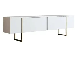Armário de TV Dgridell, Aparador de sala, Armário de TV baixo, Base de parede equipada, 180x30h50 cm, Branco e Dourado