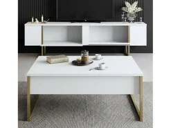 Armário de TV Dgridell, Aparador de sala, Armário de TV baixo, Base de parede equipada, 180x30h50 cm, Branco e Dourado