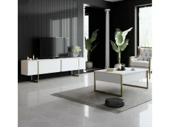 Armário de TV Dgridell, Aparador de sala, Armário de TV baixo, Base de parede equipada, 180x30h50 cm, Branco e Dourado