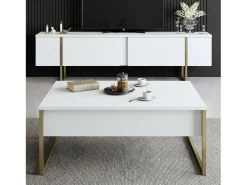 Armário de TV Dgridell, Aparador de sala, Armário de TV baixo, Base de parede equipada, 180x30h50 cm, Branco e Dourado