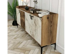 Armário de TV Dilici, Aparador de sala, Armário de TV baixo, Base de parede equipada, 180x35 h78 cm, Nogueira e mármore branco