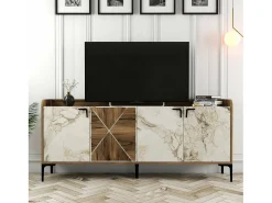 Armário de TV Dilici, Aparador de sala, Armário de TV baixo, Base de parede equipada, 180x35 h78 cm, Nogueira e mármore branco