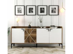 Armário de TV Dilici, Aparador de sala, Armário de TV baixo, Base de parede equipada, 180x35 h78 cm, Nogueira e Branco