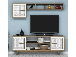 Armário de TV Djajal, Aparador de sala, Armário de TV baixo, Base de parede equipada, 160x35h56 cm, Nogueira e Branco