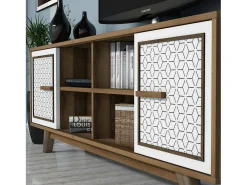 Armário de TV Djajal, Aparador de sala, Armário de TV baixo, Base de parede equipada, 160x35h56 cm, Nogueira e Branco