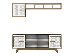 Armário de TV Djajal, Aparador de sala, Armário de TV baixo, Base de parede equipada, 160x35h56 cm, Nogueira e Branco