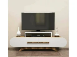 Armário de TV Dkastano, Aparador de sala, Armário de TV baixo, Base de parede atTrançado, 145x37h50 cm, Noz e Branco