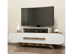 Armário de TV Dkastano, Aparador de sala, Armário de TV baixo, Base de parede atTrançado, 145x37h50 cm, Noz e Branco