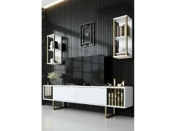Armário de TV Dliveran, Aparador de sala, Armário de TV baixo, Base de parede equipada, 180x30h48 cm, Preto e branco