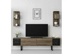 Armário de TV Dmiggian, Aparador de sala, Armário de TV baixo, Base de parede equipada, 180x30h48 cm, Nogueira e Preto