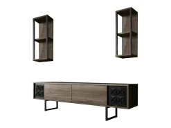 Armário de TV Dmiggian, Aparador de sala, Armário de TV baixo, Base de parede equipada, 180x30h48 cm, Nogueira e Preto