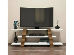 Armário de TV Doukhadd, Aparador de sala, Armário de TV baixo, Base de parede equipada, 120x34h42 cm, Nogueira e Branco