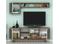 Armário de TV Dpandolf, Aparador de sala, Armário de TV baixo, Base de parede equipada, 160x35h56 cm, Nogueira e Branco