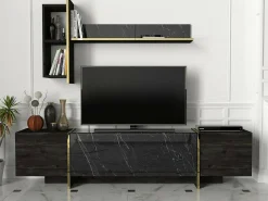 Armário de TV Dpascutt, Aparador de sala, Armário de TV baixo, Base de parede equipada, 180x32h45 cm, Preto e Dourado