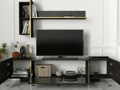 Armário de TV Dpascutt, Aparador de sala, Armário de TV baixo, Base de parede equipada, 180x32h45 cm, Preto e Dourado