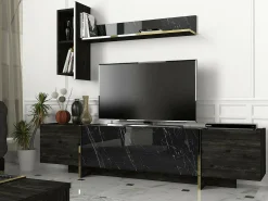 Armário de TV Dpascutt, Aparador de sala, Armário de TV baixo, Base de parede equipada, 180x32h45 cm, Preto e Dourado