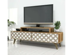 Armário de TV DpieroBo, Aparador de sala, Armário de TV baixo, Base de parede equipada, 140x42h49 cm, Nogueira e Branco