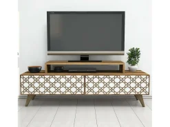 Armário de TV DpieroBo, Aparador de sala, Armário de TV baixo, Base de parede equipada, 140x42h49 cm, Nogueira e Branco