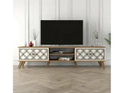 Armário de TV Dpietr, Aparador de sala, Armário de TV baixo, Base de parede equipada, 180x35h44 cm, Nogueira e Branco
