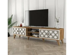 Armário de TV Dpietr, Aparador de sala, Armário de TV baixo, Base de parede equipada, 180x35h44 cm, Nogueira e Branco