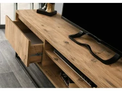 Armário de TV Dpirol, Aparador de sala, Armário de TV baixo, Base de parede equipada, 180x40h50 cm, Preto e Carvalho