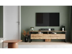 Armário de TV Dpirozz, Aparador de sala, Armário de TV baixo, Base de parede equipada, 180x36h56 cm, Carvalho