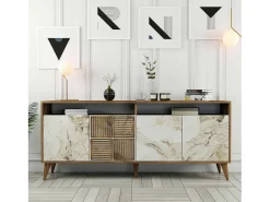 Armário de TV Dpogg, Aparador de sala, Armário de TV baixo, Base de parede equipada, 180x35 h79 cm, Mármore de nogueira e branco