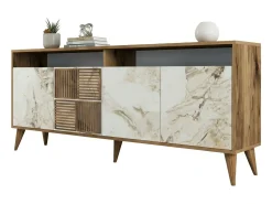 Armário de TV Dpogg, Aparador de sala, Armário de TV baixo, Base de parede equipada, 180x35 h79 cm, Mármore de nogueira e branco