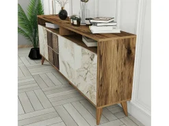 Armário de TV Dpogg, Aparador de sala, Armário de TV baixo, Base de parede equipada, 180x35 h79 cm, Mármore de nogueira e branco
