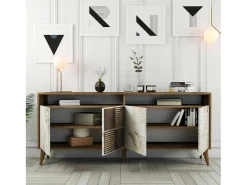 Armário de TV Dpogg, Aparador de sala, Armário de TV baixo, Base de parede equipada, 180x35 h79 cm, Mármore de nogueira e branco