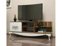 Armário de TV Dporrin, Aparador de sala, Armário de TV baixo, Base de parede equipada, 130x45h51 cm, Nogueira e Branco