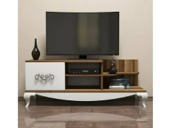 Armário de TV Dporrin, Aparador de sala, Armário de TV baixo, Base de parede equipada, 130x45h51 cm, Nogueira e Branco
