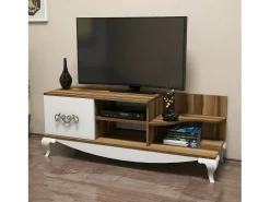 Armário de TV Dporrin, Aparador de sala, Armário de TV baixo, Base de parede equipada, 130x45h51 cm, Nogueira e Branco