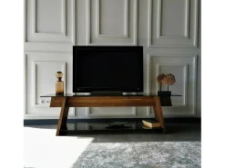 Armário de TV Dpotenz, Aparador de sala, Armário de TV baixo, Base de parede equipada, 158x40h45 cm, Nogueira e Preto