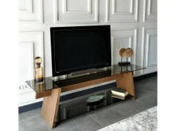 Armário de TV Dpotenz, Aparador de sala, Armário de TV baixo, Base de parede equipada, 158x40h45 cm, Nogueira e Preto
