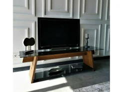 Armário de TV Dpotenz, Aparador de sala, Armário de TV baixo, Base de parede equipada, 158x40h45 cm, Nogueira e Preto
