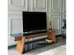 Armário de TV Dpotenz, Aparador de sala, Armário de TV baixo, Base de parede equipada, 158x40h45 cm, Nogueira e Preto
