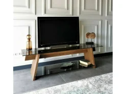 Armário de TV Dpotenz, Aparador de sala, Armário de TV baixo, Base de parede equipada, 158x40h45 cm, Nogueira e Preto