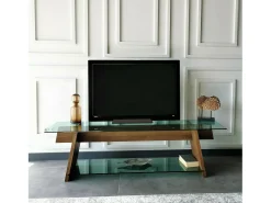 Armário de TV Dpotenz, Aparador de sala, Armário de TV baixo, Base de parede equipada, 158x40h45 cm, Nogueira e Verde