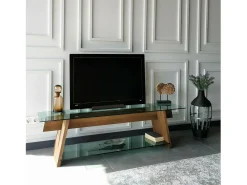 Armário de TV Dpotenz, Aparador de sala, Armário de TV baixo, Base de parede equipada, 158x40h45 cm, Nogueira e Verde