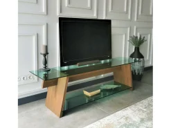 Armário de TV Dpotenz, Aparador de sala, Armário de TV baixo, Base de parede equipada, 158x40h45 cm, Nogueira e Verde
