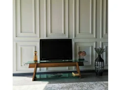 Armário de TV Dpotenz, Aparador de sala, Armário de TV baixo, Base de parede equipada, 158x40h45 cm, Nogueira e Verde