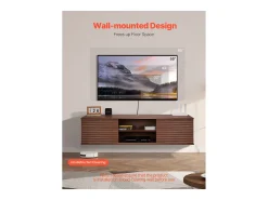 Armário de TV Montado na Parede SucceBuy Suporte de TV Flutuante de Parede, 152 cm, Consola de Multimédia com Prateleiras Ajustáveis e Portas de Correr