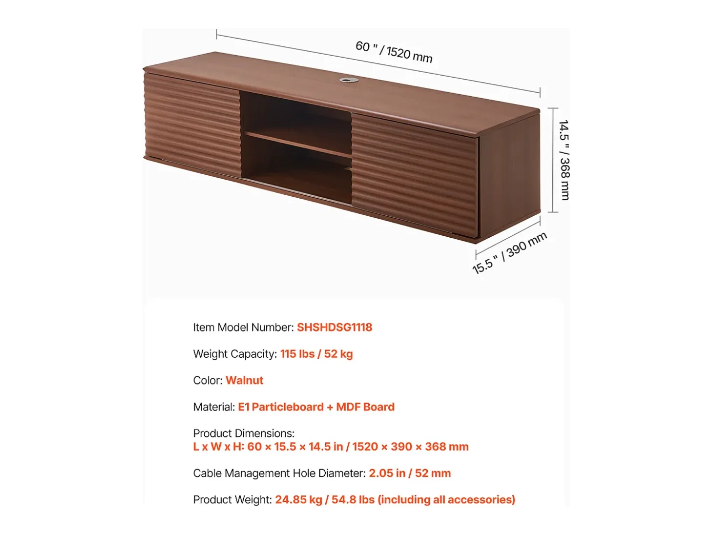 Armário de TV Montado na Parede SucceBuy Suporte de TV Flutuante de Parede, 152 cm, Consola de Multimédia com Prateleiras Ajustáveis e Portas de Correr