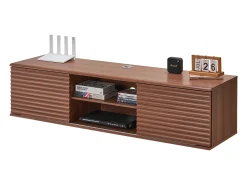Armário de TV Montado na Parede SucceBuy Suporte de TV Flutuante de Parede, 152 cm, Consola de Multimédia com Prateleiras Ajustáveis e Portas de Correr