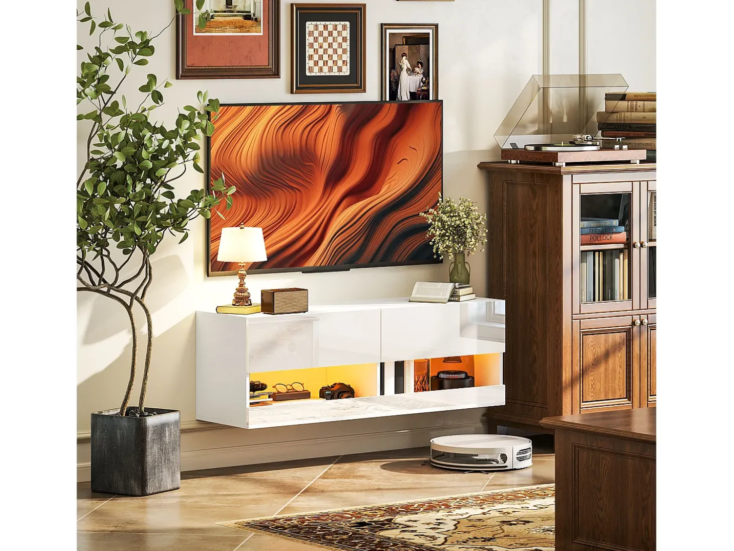 Armário de TV pendurado 120x35x40,5cm, iluminação LED, 16 modos, Branco brilhante